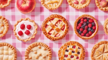 many different traditional pies like apple pie, peach pie, berry pie etc on a checkered table cloth for National Pie Day
