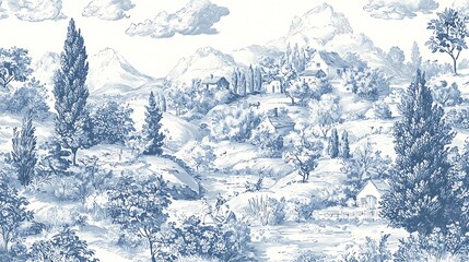 Elegant blue and white toile pattern featuring intricate pastoral scenes and delicate brushwork in a classic French country aesthetic.