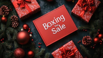  Festive "Boxing Day Sale" Advertisement with Gifts and Ornaments - High-Resolution Holiday Promotion
