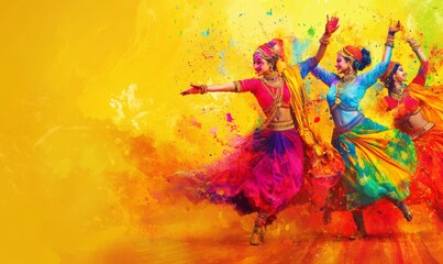 banner background of Navratri Day, A vibrant celebration of colors with splashes of natural pigments, capturing the essence of a color-filled Navratri celebration, showcasing joy and creativity