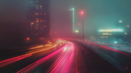 Obraz premium Nighttime Cityscape with Colorful Light Trails in Fog