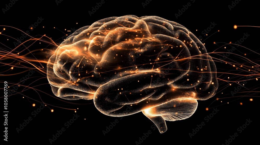 Poster A detailed representation of a brain illuminated with vibrant golden lights, showcasing lines of energy that symbolize the flow of thoughts and cognitive processes in a dark background.