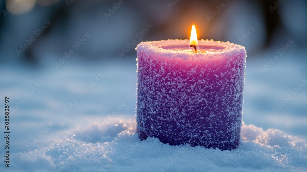 Poster A lit purple candle covered in frost sits on a bed of snow, glowing warmly against a blurred winter background