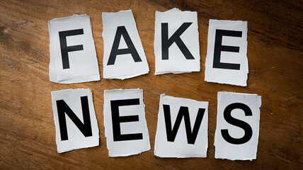 The words FAKE NEWS are spelled out using individual letters cut from paper and arranged on a wood surface. Each letter is on a separate piece of paper with torn edges.