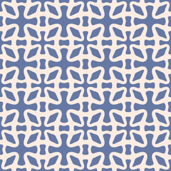 Vector floral geometric seamless pattern. Abstract ornamental texture with flower silhouettes, crosses, leaves, repeat tiles. Simple elegant blue and beige background. Repeated design for decor, print