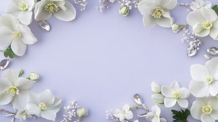 An elegant display features white flowers and silver decorative elements, arranged on a gentle purple background, creating an atmosphere of serenity and beauty.