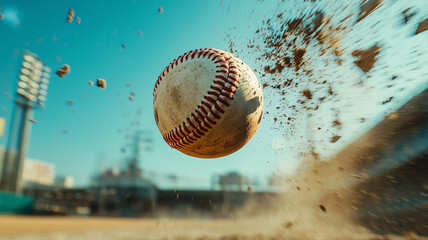 A baseball soaring through the air after a powerful swing at sunset