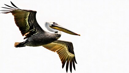 brown pelican - Pelecanus occidentalis - one of three species found in the Americas and one of two that feed by diving into water. Isolated on white background with copy space