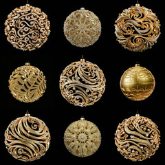 Set of golden Christmas tree balls isolated on black background. Precious balls with intricate jewelry patterns. Festive and luxurious Christmas tree decorations.