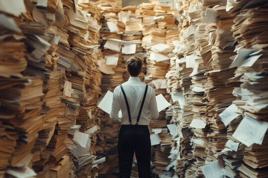 Lost in a maze of old documents in a dimly lit archive room