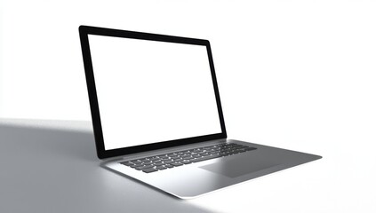Ultra-realistic 3D render of a laptop with blank screen, set on a white background under soft studio lighting, showcasing detailed modern design.