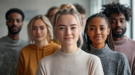 Fototapeta premium A group of diverse individuals stands together, with a focus on a smiling woman in the front, showcasing a minimalistic style