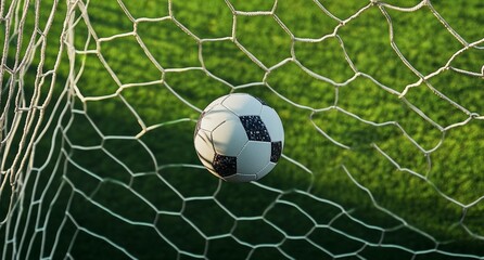 Soccer ball flying into the goal, captured in a close-up, top-down perspective on green grass using Sony Alpha A9 II and Sony FE 20-60mm f/4-5.6 G OSS lens for a hyper-realistic, ultra-detailed view.