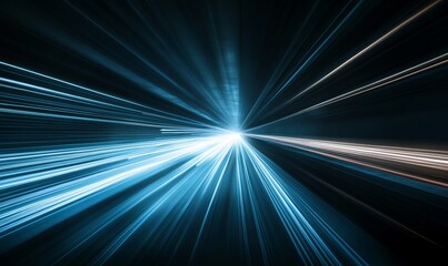 An abstract image of light beams radiating outward, creating a sense of speed and energy in a dark background