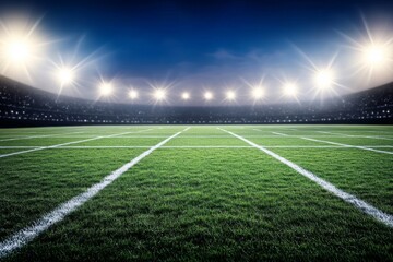 Obraz premium Illuminated football field under bright stadium lights with a night sky backdrop, green grass marked by white yard lines, capturing an atmospheric scene of anticipation for game day.