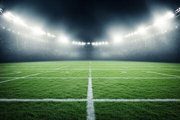 Obraz premium Illuminated football field under bright stadium lights with a night sky backdrop, green grass marked by white yard lines, capturing an atmospheric scene of anticipation for game day.