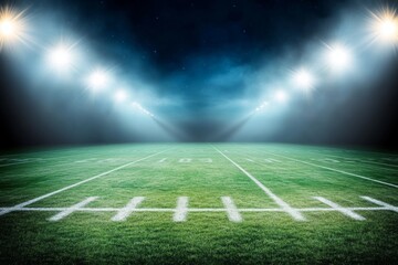 Illuminated football field under bright stadium lights with a night sky backdrop, green grass marked by white yard lines, capturing an atmospheric scene of anticipation for game day.