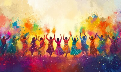 banner background of Navratri Day, A vibrant celebration of colors with splashes of natural pigments, capturing the essence of a color-filled Navratri celebration, showcasing joy and creativity