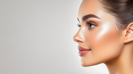 Obraz premium Profile of a woman with glowing skin and sleek hair against a soft gray background, AI