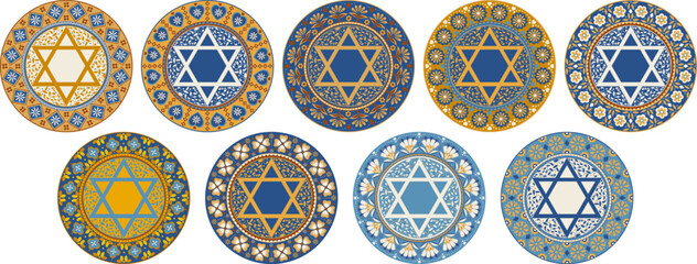 Set of unique mandalas with folk motifs and hexagram. Copy space vintage design
