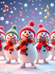 Happy snowmen characters dancing with falling snow and music notes on purple background 