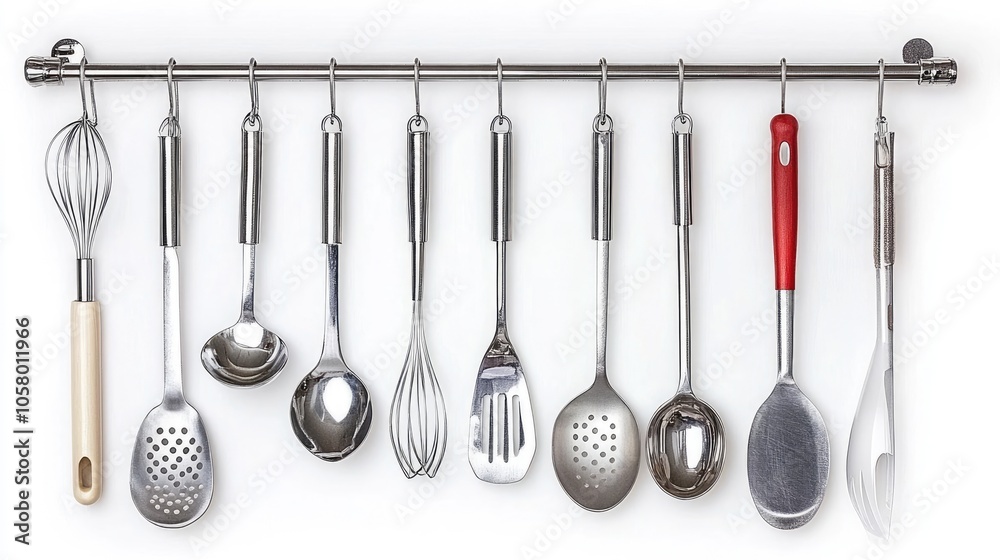 Wall mural Stainless Steel Kitchen Utensils on Rack