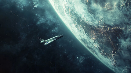 Fototapeta premium space shuttle flying through space, leaving Earth's atmosphere, cinematic, dynamic motion