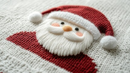 Close-up of a knitted holiday sweater featuring a textured Santa Claus face with a red hat and white beard