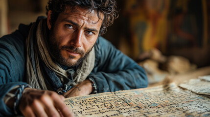 Linguist decoding ancient languages, looking intrigued by an ancient script.