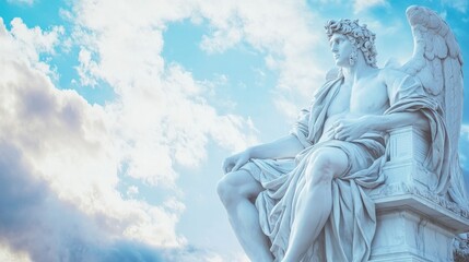 Fototapeta premium A majestic angel statue basking in a serene sky, symbolizing peace and beauty in art and nature.