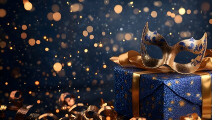 An exquisite gold and blue masquerade mask resting elegantly on a glittering blue gift box wrapped with a luxurious gold ribbon.