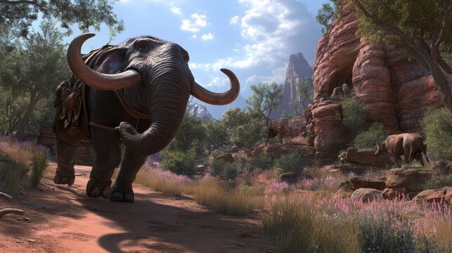 A majestic elephant walks through a vibrant landscape dotted with colorful flora and rugged terrain, showcasing nature's beauty.