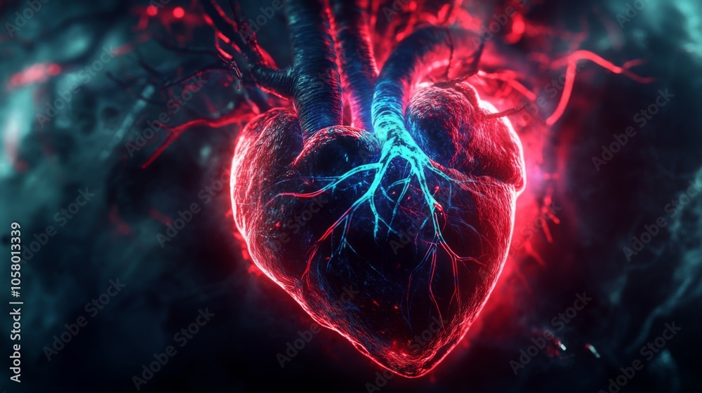 Poster The artwork features a vivid heart illuminated in red and blue, showcasing intricate veins extending from its surface.