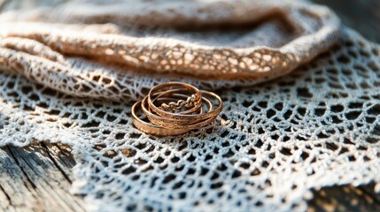 Fototapeta premium Delicate Rose Gold Rings on Lace Background