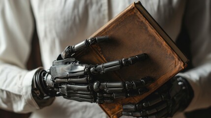 A person holding a vintage book with a detailed black prosthetic hand, showcasing advanced robotics