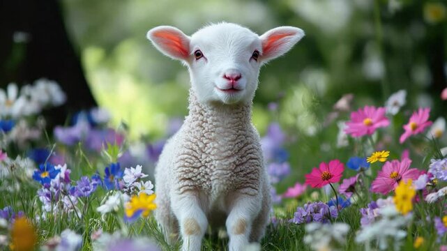 A cute lamb frolics among vibrant wildflowers in a sunny meadow during springtime bliss