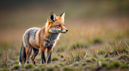 Fototapeta premium Majestic tricolor red fox with silver cross coat color standing alert in green natural grassland habitat on blurred background.
