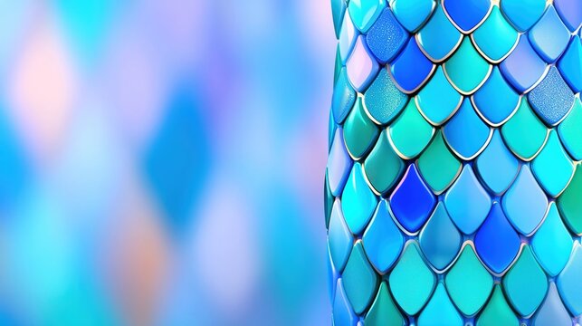 Metallic and glass scales in shades of blue and teal, creating a textured, fish-scale pattern with a soft-focus background. Vibrant abstract design with copy space.