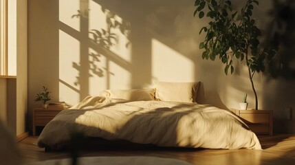 Sunlit Bedroom with Soft Textures and Greenery