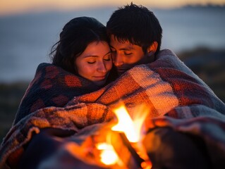 A couple wrapped in a warm blanket by a fire, evoking a feeling of love and emotional healing