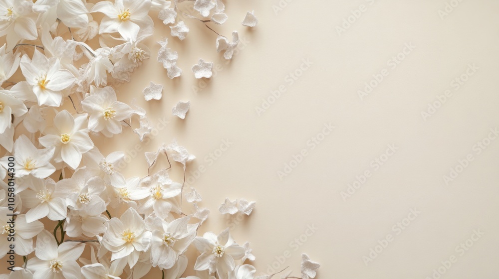 Poster White flowers are arranged in a cluster at the left edge of a beige background. The flowers are scattered and some are partially overlapping.