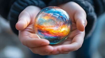 Close-up of hands cradling a glass sphere showcasing a vibrant galaxy scene inside
