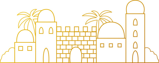 Fototapeta premium Ancient biblical city linear golden gradient front scene. Architecture vector decorative element