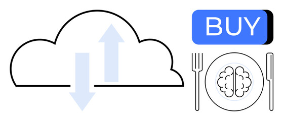 Cloud with arrows symbolizing data exchange, BUY button, brain on plate with fork and knife. Ideal for e-commerce, cloud computing, digital transformation, online shopping, consumer behavior, AI, big