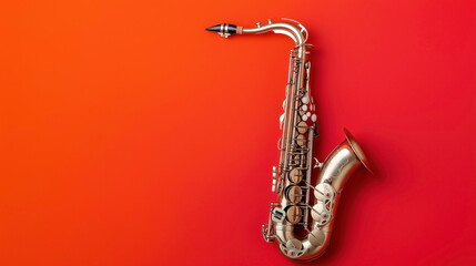 Golden saxophone on a vibrant orange-red gradient background, showcasing musical instrument design and contrasting colors