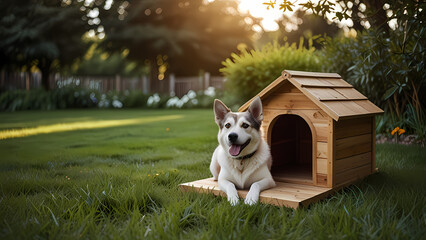 cozy dog house in a sunny, green yard