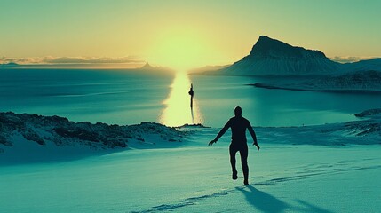 Fototapeta premium A person walks through snow towards a stunning sunset over the ocean, capturing a moment of serenity and adventure.