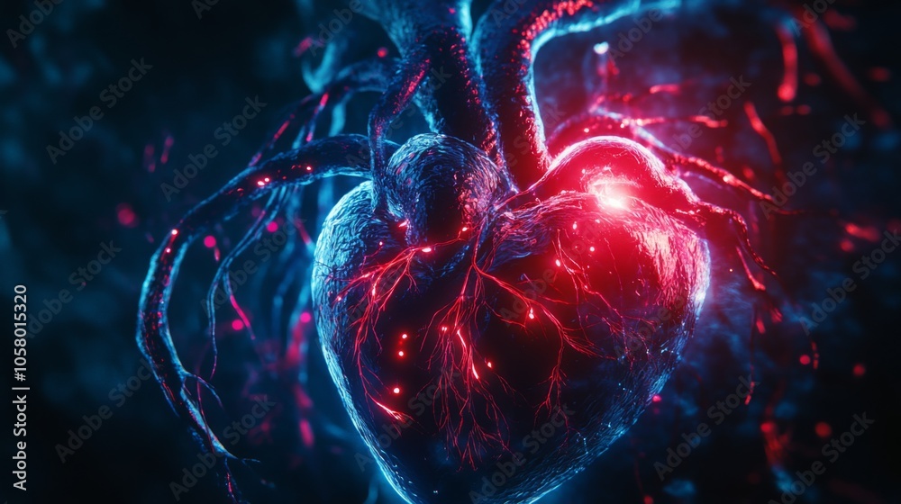 Poster A striking heart-like structure glows with red and blue lights, surrounded by intricate tendrils in an abstract digital space.