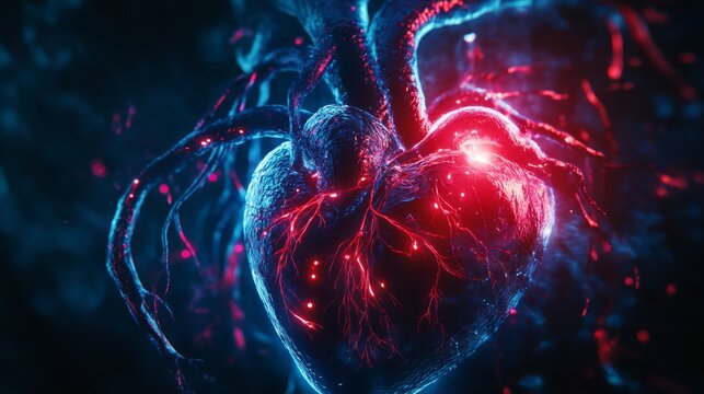 A striking heart-like structure glows with red and blue lights, surrounded by intricate tendrils in an abstract digital space. - Powered by Adobe