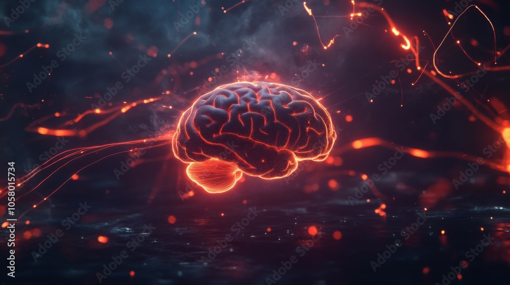 Poster a digital illustration depicts a glowing red human brain surrounded by fiery light trails on a dark 